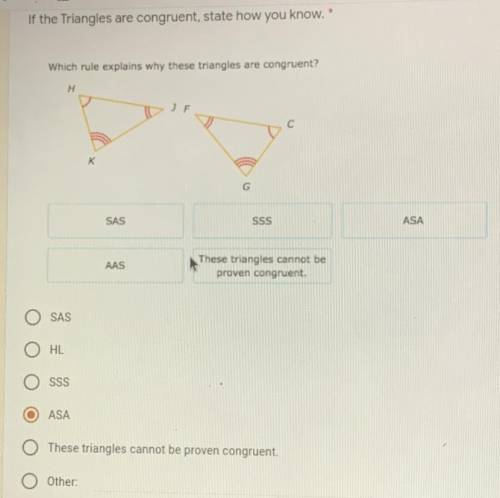 Which rule explains why these triangles are congruent?