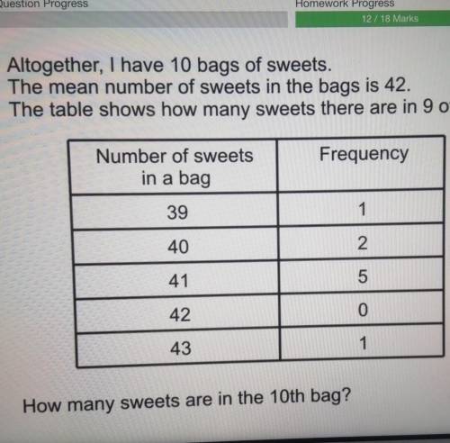 Altogether, I have 10 bags of sweets.

The mean number of sweets in the bags is 42.The table shows