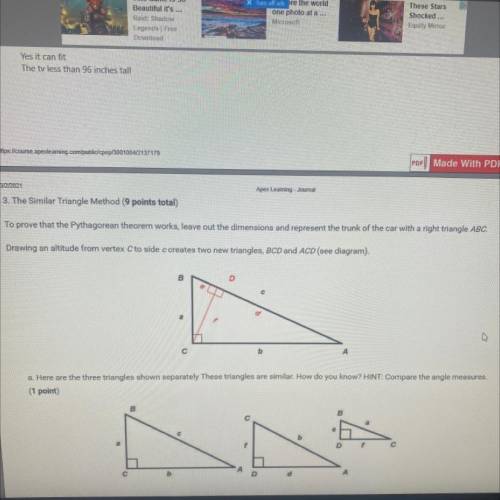 3. The Similar Triangle Method (9 points total)

To prove that the Pythagorean theorem works, leav