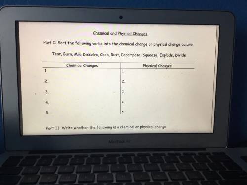 Sort the following verbs into chemical change or physical change column