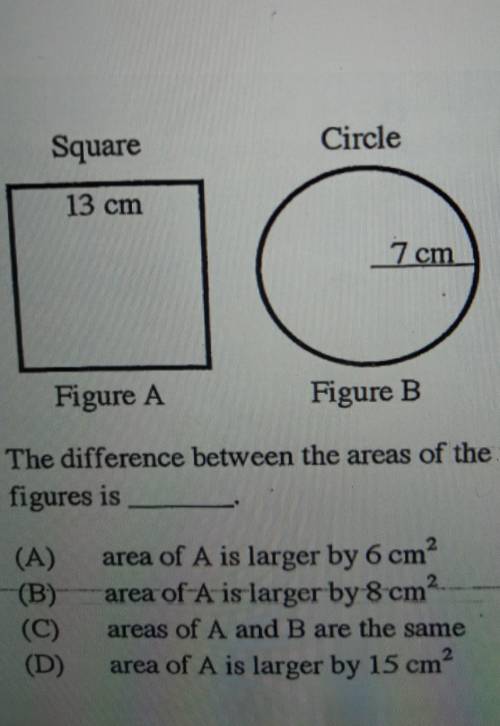 Square

Circle13 cm7 cmFigure AFigure BThe difference between the areas of the twofigures is(A)--(