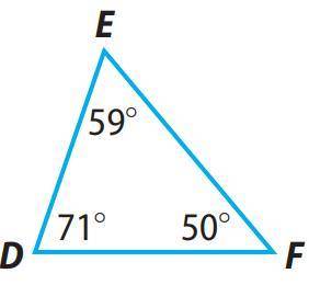 Triangle DEF has side lengths of 8 cm, 10 cm, and 9 cm. Use the relationship between the sides and
