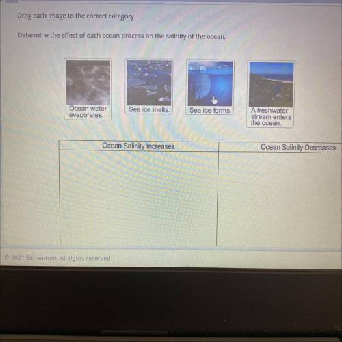 Drag each image to the correct category.

Determine the effect of each ocean process on the salini