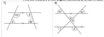 EXTRA POINTS -- Find the measure of the angles marked a, b, c, etc. in each diagram below