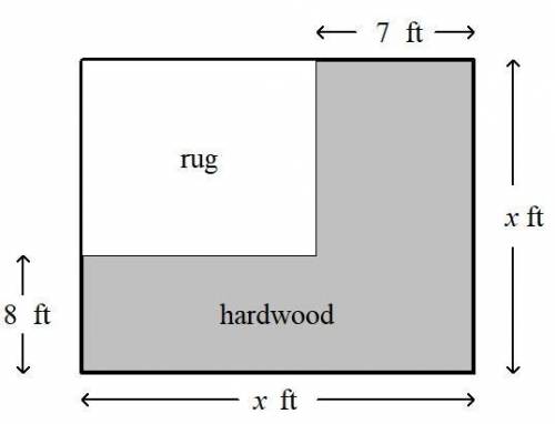 A living room floor consists of an area rug and hardwood. The area of the rug is 182 square feet. H