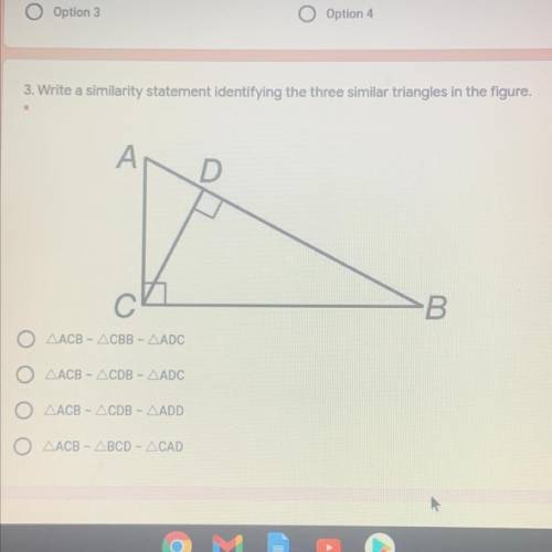 Write a similarity statement identifying the three similar triangles in the figure. Please help!!