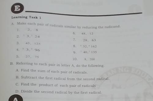 ELearning Task 1A. Make each pair of radicals similar by reducing the radicand.​