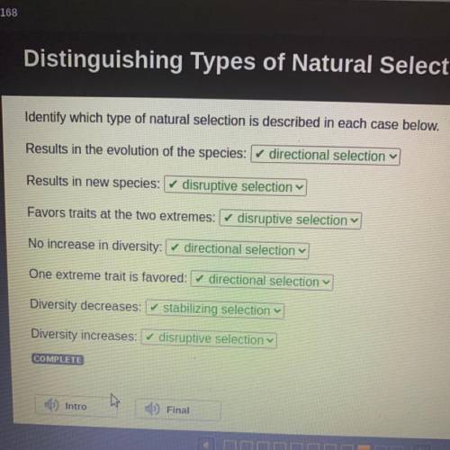 Identify which type of natural selection is described in each case below.

Results in the evolutio