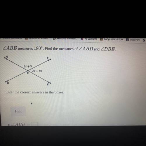 ABE measures 180°. Find the measures of ZABD and ZDBE.
3x + 5
2x + 10
B