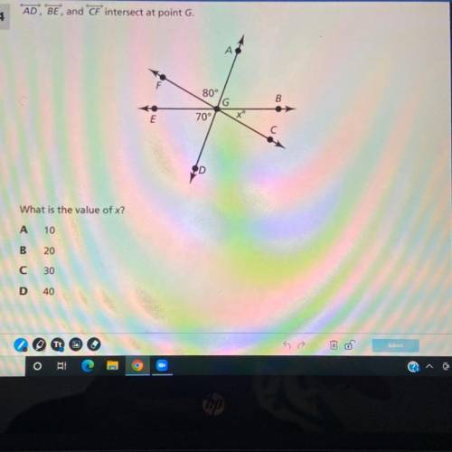 AD, BE, and CF intersect at point G.

A
F
B
80°
G
70°
xº
E
С
OD
What is the value of x?
A
10
B
20