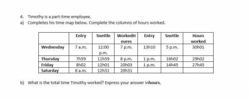 A. Timothy is a part-time employee. Completes his time map below.

1. Complete the columns of hour