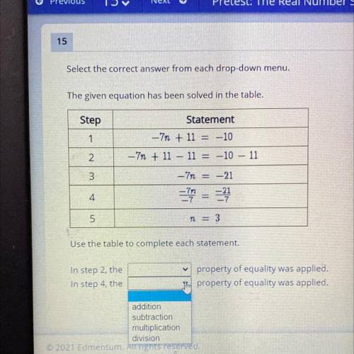 Select the correct answer from each drop-down menu the given equation has been solved In the table
