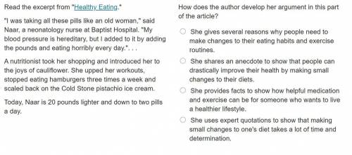 Pls help on quiz

Read the excerpt from Healthy Eating.
I was taking all these pills like an ol