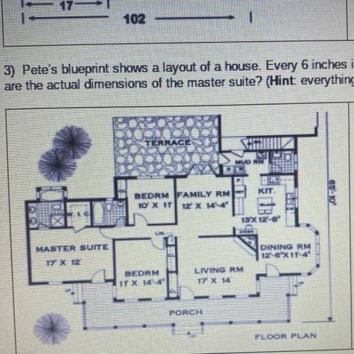 Pete's blueprint shows a layout of a house. Every 6 inches in the blueprint represents 1.5 feet of