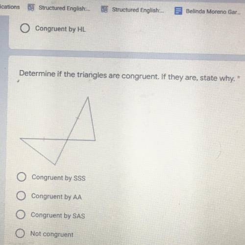 Determine if the triangles are congruent. If they are, state why.

Congruent by SSS
Congruent by A