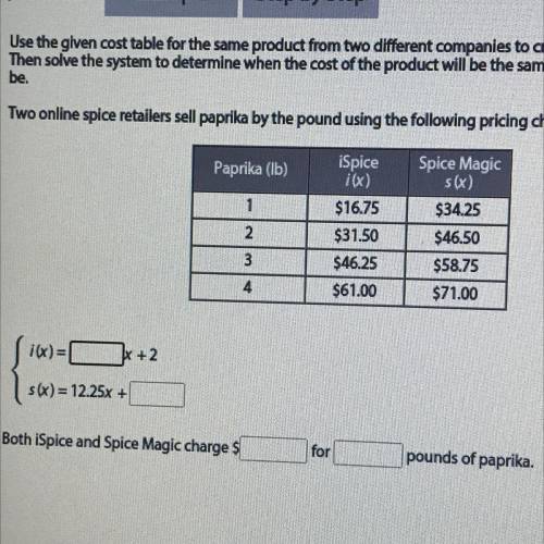 Use the given cost table for the same product from two different companies to create a linear syste