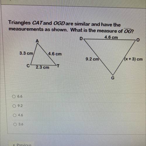 Triangles CAT and OGD are similar and have the measurements as shown. What is the measure of OG?