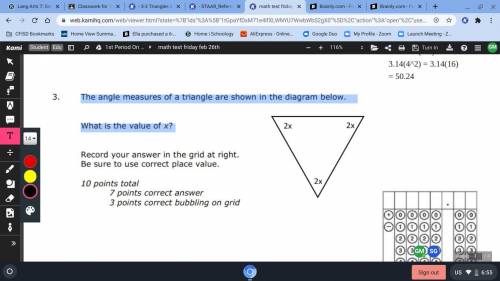 The angle measures of a triangle are shown in the diagram below. What is the value of x?