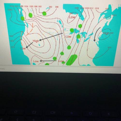 A weather map shows contrasting systems of low pressure and Hugh pressure zones. Choose the arrow t