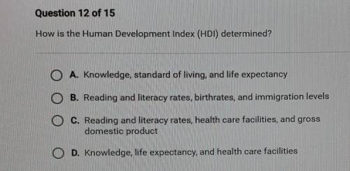 How is the Human Development Index (HDI) determined? O A. Knowledge, standard of living, and life e