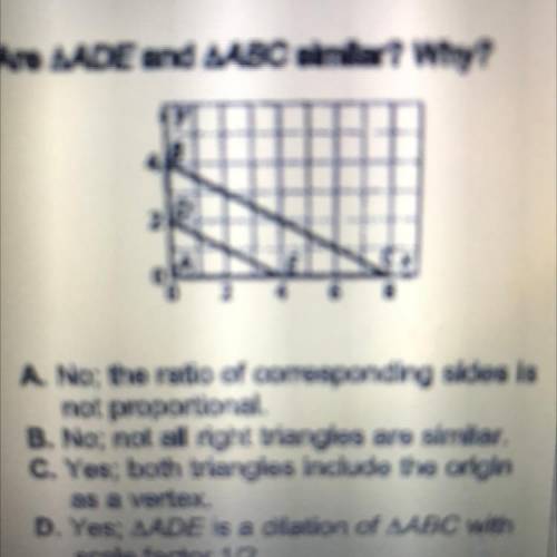 - Are AADE and AABC similar? Why?

y
4
D
2
A А
E
0
0
2
4
6 8
A. No; the ratio of corresponding sid