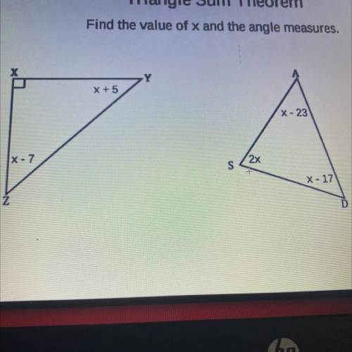Triangle Sum Theorem
Find the value of x and the angle measures.