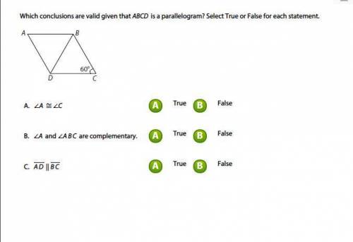 Which conclusions are valid given that ABCD is a parallelogram? Select True or False for each state