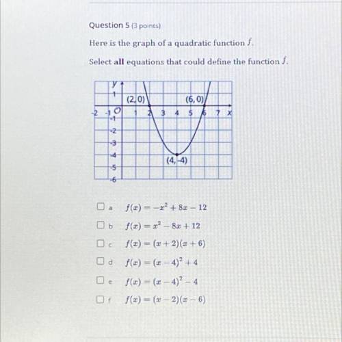 Here is the graph of a quadratic function f select all equations that could find the function f
