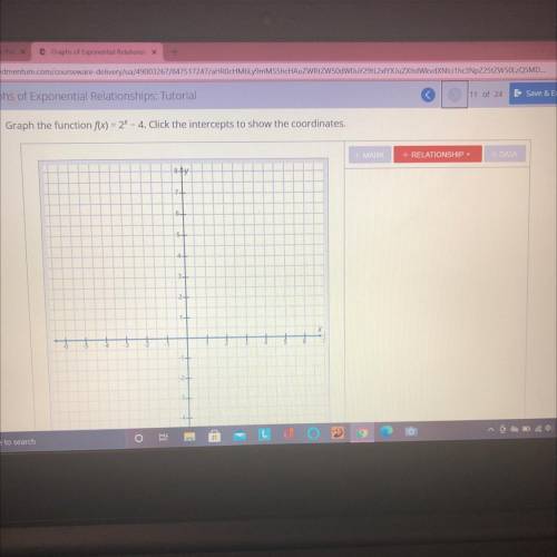 Graph the function f(x)=2^x -4. Click the intercepts to show coordinates?