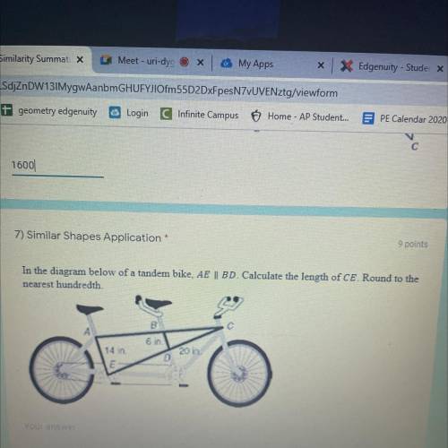 In the diagram below of a tandem bike, AE || BD. Calculate the length of CE. Round to the

nearest