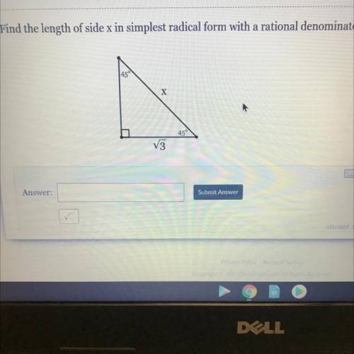 Find the length of side x in simplest radical form with a rational denominator
