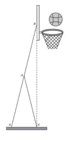 The portable basketball hoop shown is made so that BA = AS = AK = 6 feet . The measure of

∠BSK is
