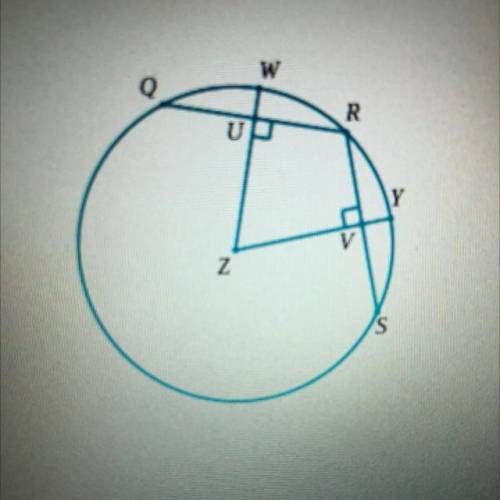 In the figure below Z is the center of the circle. Suppose QR=7, SR=7, UZ=6, and VZ=4x-6. Find the
