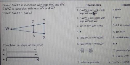 Statements Reasons Given: AWXY is isosceles with legs WX and WY: AWVZ is isosceles with legs WV and