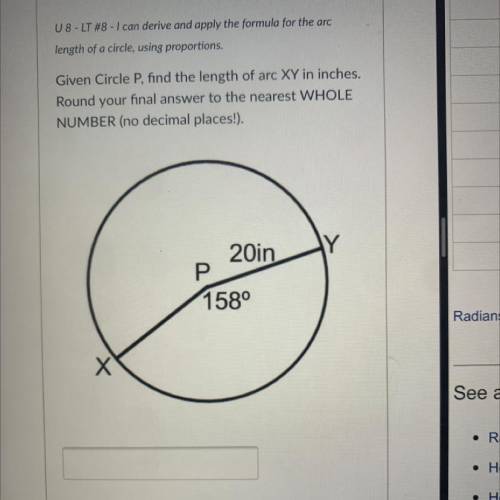 Please help me

Given Circle P, find the length of arc XY in inches.
Round your final answer to th