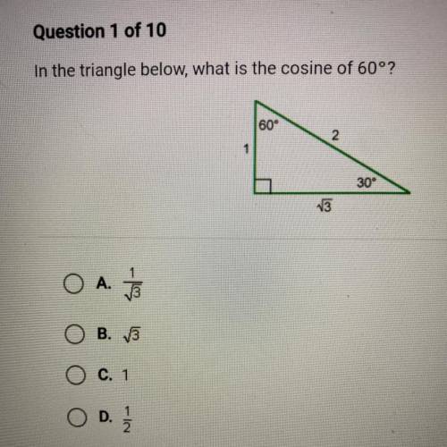 In the triangle below, what is the cosine of 60°?