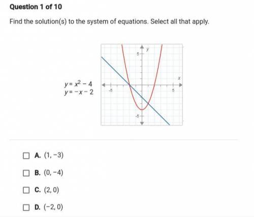 Find the solution(s) to the system of equations. Select all that apply.
y=x²-4
y=-x-2