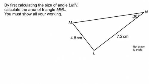 By first calculating the size of angle LMN,

calculate the area of a triangle MNL
you must show ll