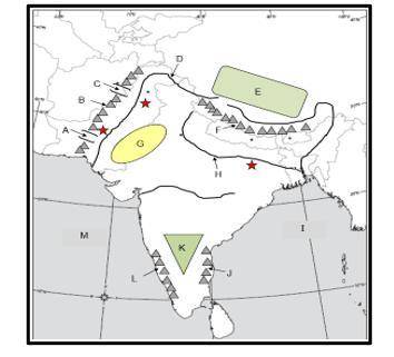 Which letters on the above map best represent the mountain passes in the Hindu Kush which provided