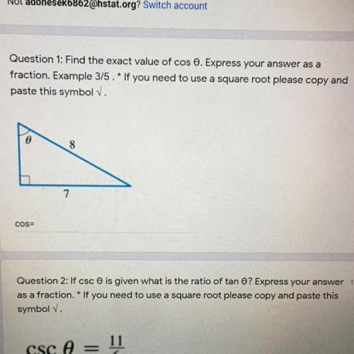 Find the exact value of cos0. Express your answer as a fraction.
