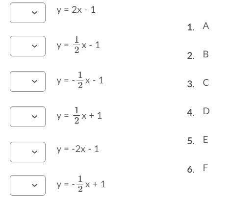 Help: Pictures are below:

match the equations to the lines below: 
__ y = 2x - 1 1) A
__ y = 1/2x