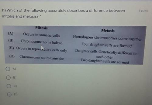 which of the following best describes a difference between mitosis and meiosis? plz help quickly th