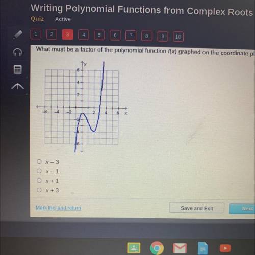 What must be a factor of the polynomial function f(x) graphed on the coordinate plane below?

OX-3