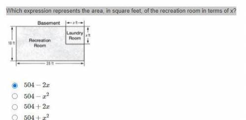 Help the question is

Which expression represents the area, in square feet, of the recreation roo