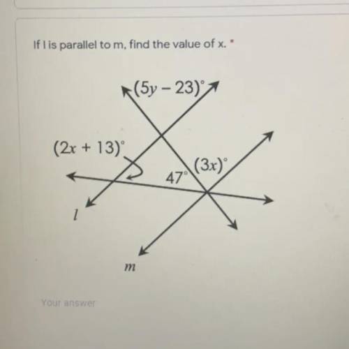 WILL GIVE BRAINLIEST!!
If l is parallel to m, find the value of x