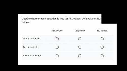 Decide whether each equation is true for ALL values, ONE value or NO values ~See screenshot Please:
