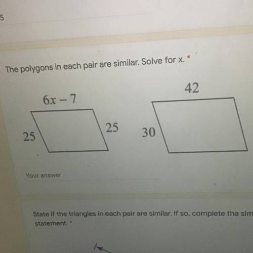 Need help plese! The polygons in each pair are similar. Solve for x. *