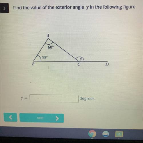 Find the value of the exterior angle y In the following figure