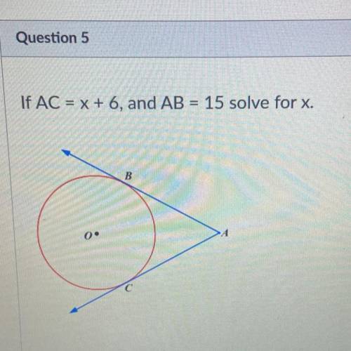 If AC = x + 6, and AB = 15 solve for x.