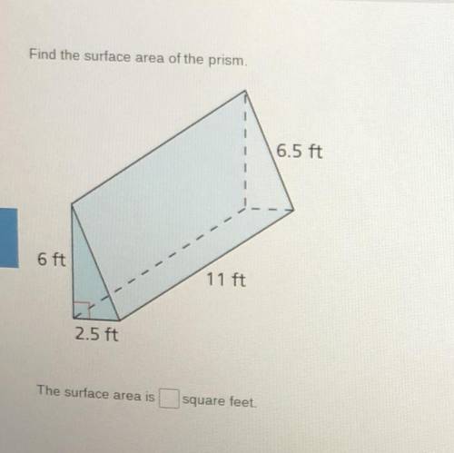 Find the surface area of the prism.

6.5 ft
6 ft
11 ft
2.5 ft
The surface area is
square feet